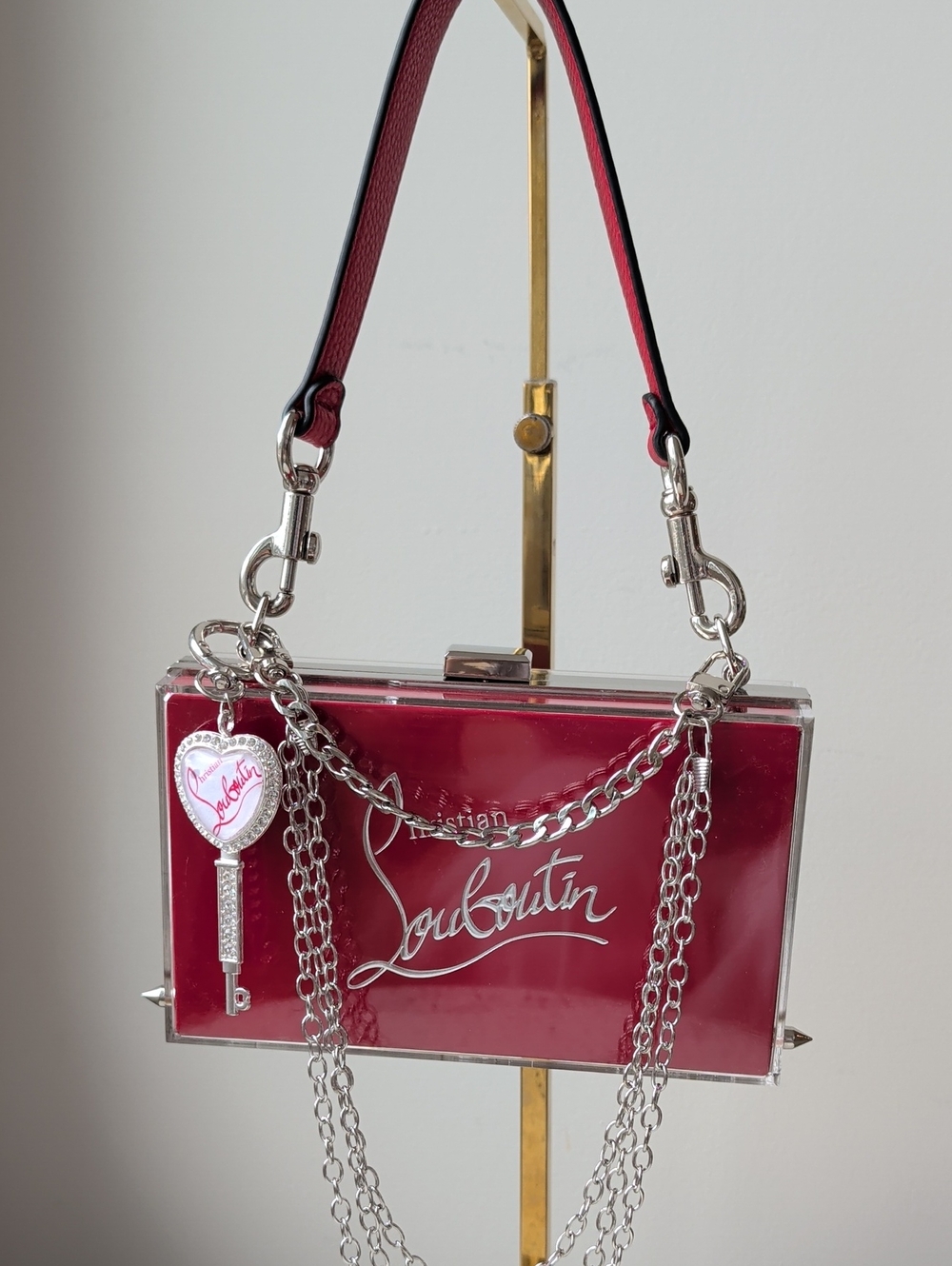 Upcycled Christian Louboutin Red Acrylic Box Clutch w/ Spikes & Custom Key Charm